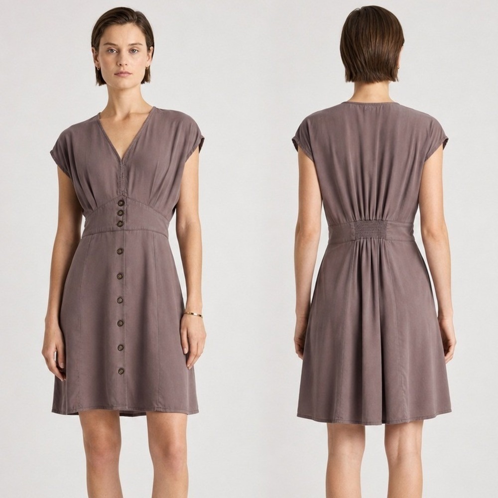 Quince Vintage Wash Tencel Button Front Dress XL Taupe Brown Lyocell V Neck Knit
